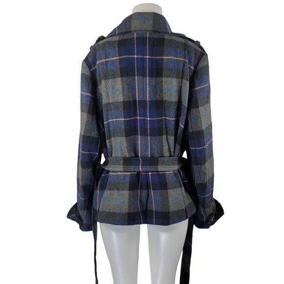 Torrid Vintage Double Breasted Gray/Black/Blue/Yellow Plaid Jacket w Belt 1/1X - Picture 3 of 7